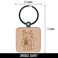 Happy Christmas Corgi with Mistletoe in Santa Hat Engraved Wood Square Keychain Tag Charm