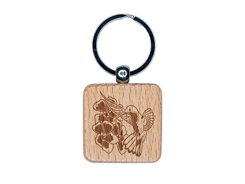 Hummingbird Hovering Over Flowers Engraved Wood Square Keychain Tag Charm