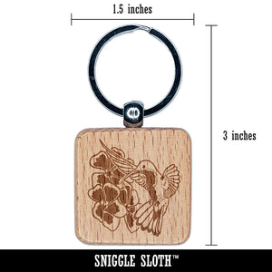 Hummingbird Hovering Over Flowers Engraved Wood Square Keychain Tag Charm