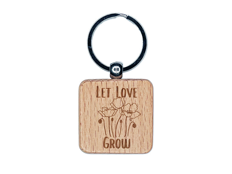 Let Love Grow Poppy Flowers Wedding Engraved Wood Square Keychain Tag Charm