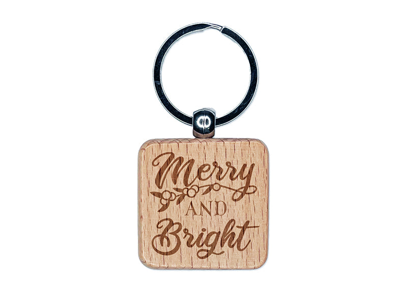 Merry and Bright Mistletoe Christmas Engraved Wood Square Keychain Tag Charm