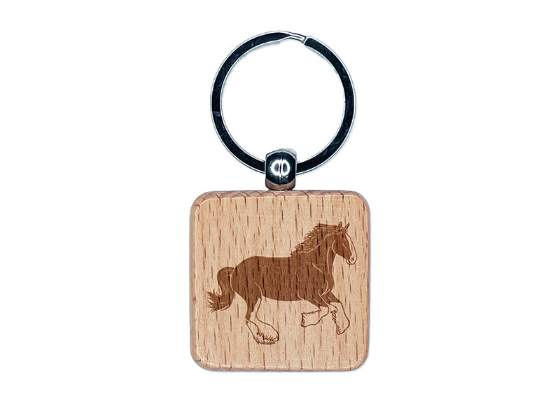 Mighty Clydesdale Horse Engraved Wood Square Keychain Tag Charm