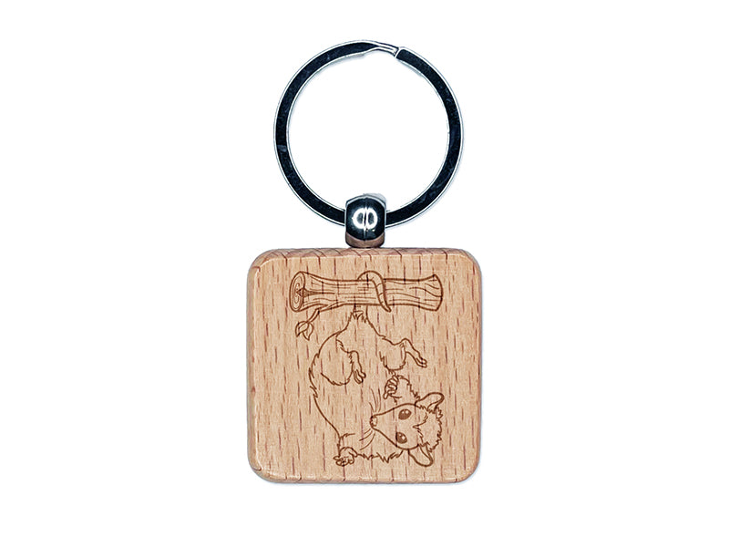 Opossum Hanging from Tail Engraved Wood Square Keychain Tag Charm