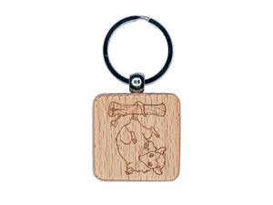 Opossum Hanging from Tail Engraved Wood Square Keychain Tag Charm