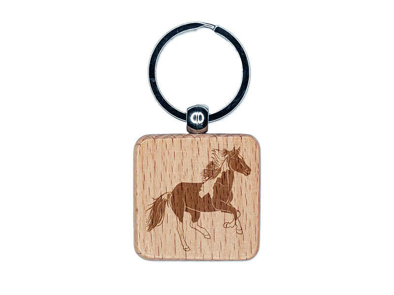 Running American Paint Horse Engraved Wood Square Keychain Tag Charm