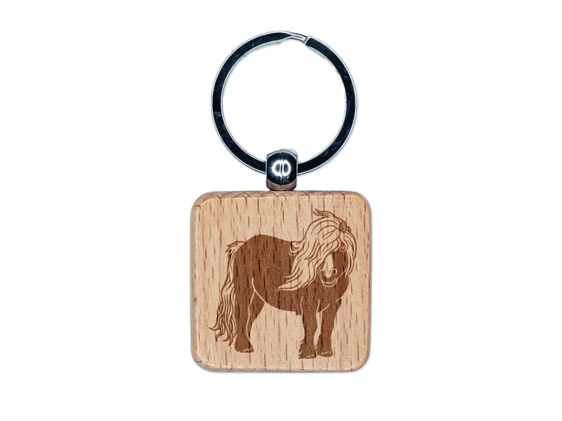 Shetland Pony with Wind Blown Hair Engraved Wood Square Keychain Tag Charm