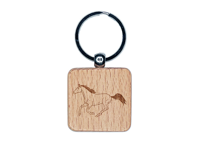 Thoroughbred Race Horse Running Engraved Wood Square Keychain Tag Charm