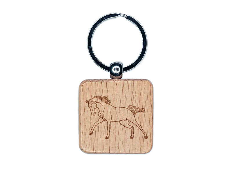 Wild Arabian Horse Engraved Wood Square Keychain Tag Charm