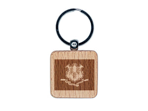 Connecticut State Flag Engraved Wood Square Keychain Tag Charm