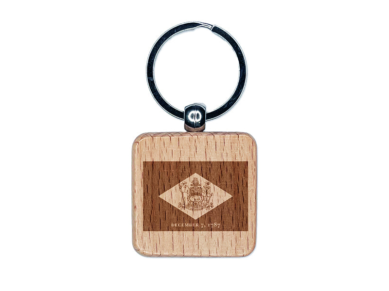 Delaware State Flag Engraved Wood Square Keychain Tag Charm