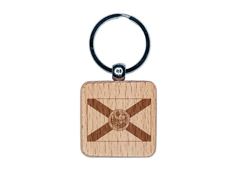 Florida State Flag Engraved Wood Square Keychain Tag Charm