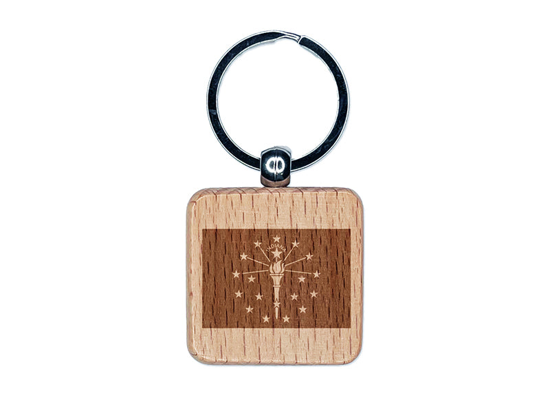 Indiana State Flag Engraved Wood Square Keychain Tag Charm