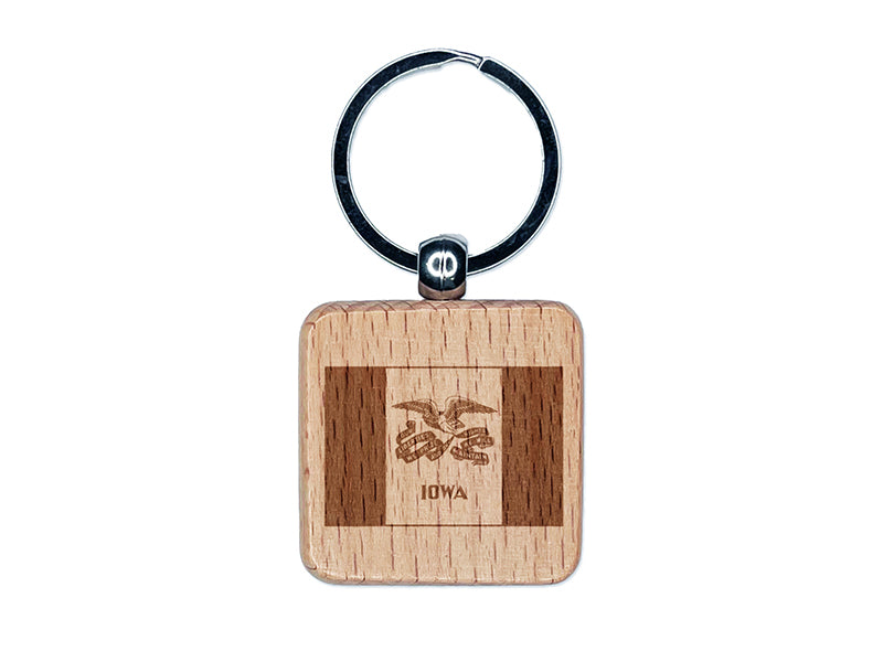 Iowa State Flag Engraved Wood Square Keychain Tag Charm