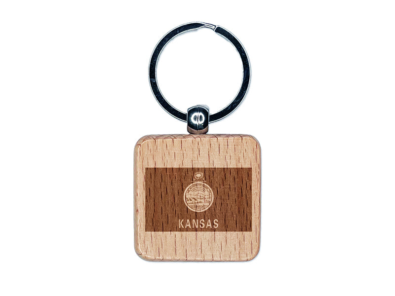 Kansas State Flag Engraved Wood Square Keychain Tag Charm