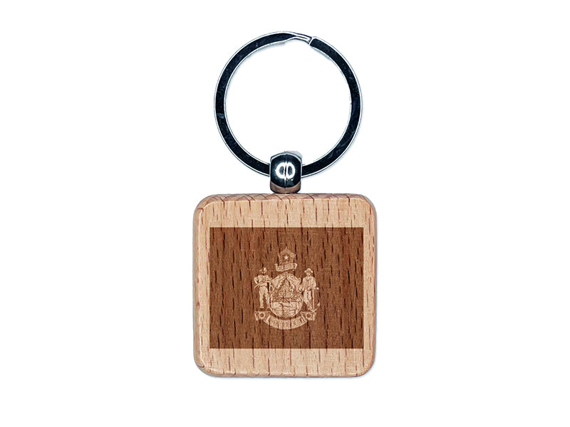 Maine State Flag Engraved Wood Square Keychain Tag Charm