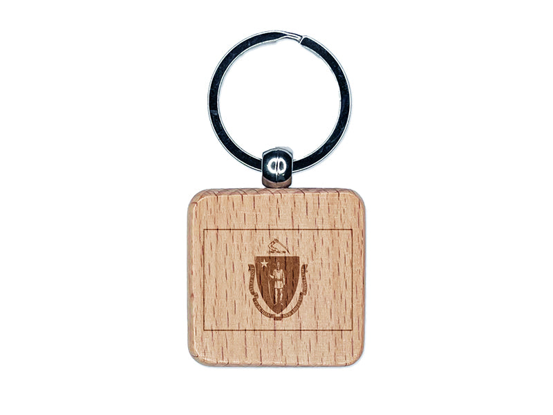 Massachusetts State Flag Engraved Wood Square Keychain Tag Charm