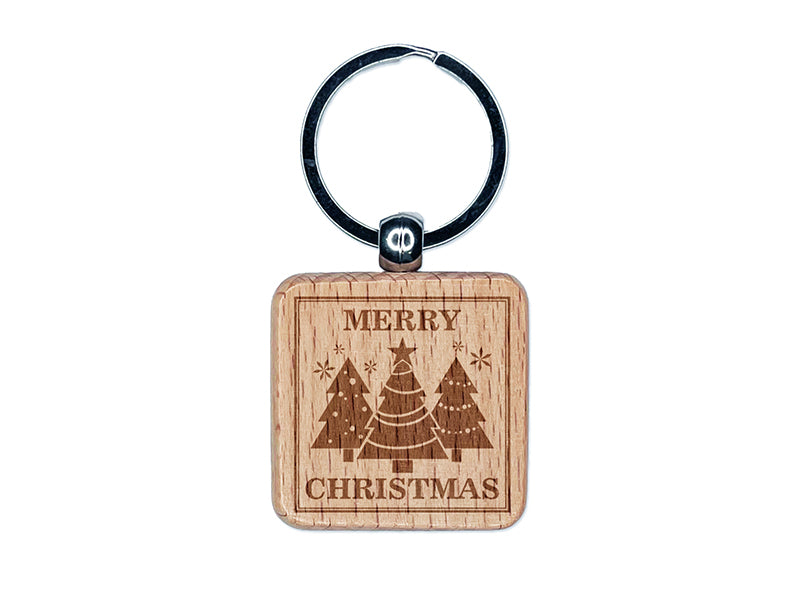 Merry Christmas Holiday Evergreen Trees Engraved Wood Square Keychain Tag Charm