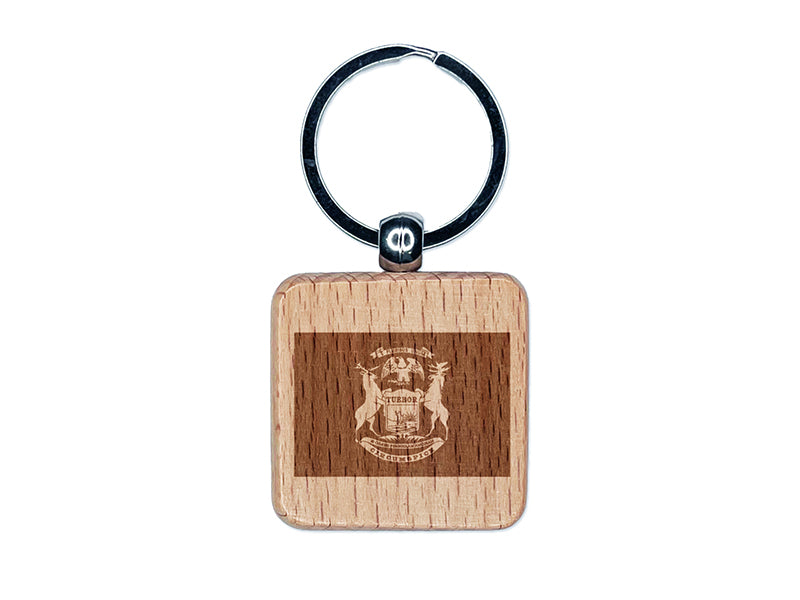 Michigan State Flag Engraved Wood Square Keychain Tag Charm