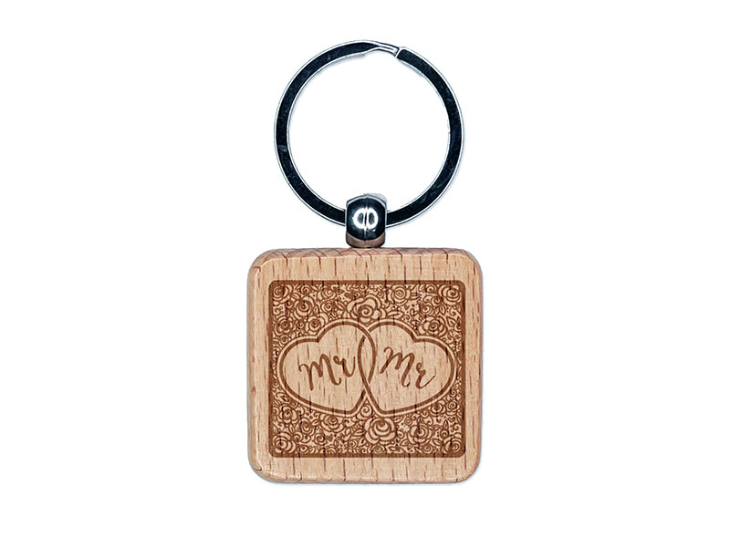 Mr & Mr Intertwined Hearts with Flower Background Wedding Engraved Wood Square Keychain Tag Charm