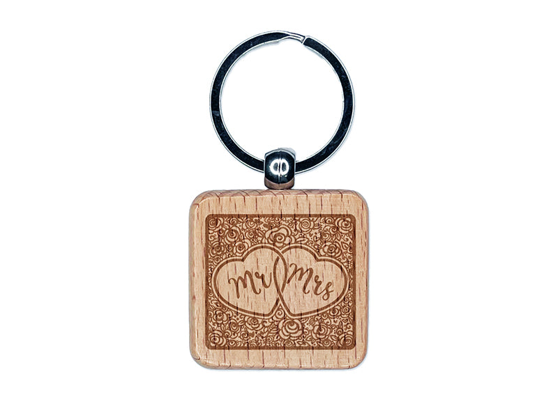 Mr & Mrs Intertwined Hearts With Flower Background Wedding Engraved Wood Square Keychain Tag Charm