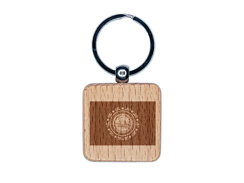 New Hampshire State Flag Engraved Wood Square Keychain Tag Charm