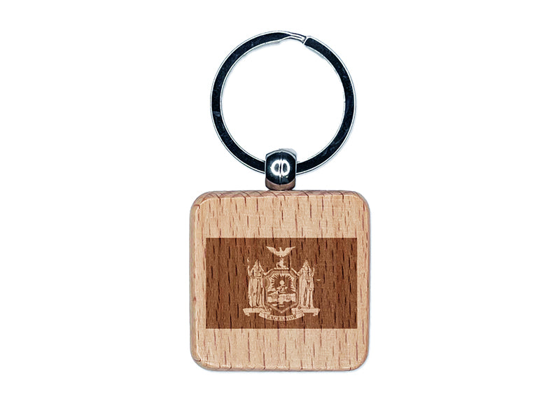 New York State Flag Engraved Wood Square Keychain Tag Charm