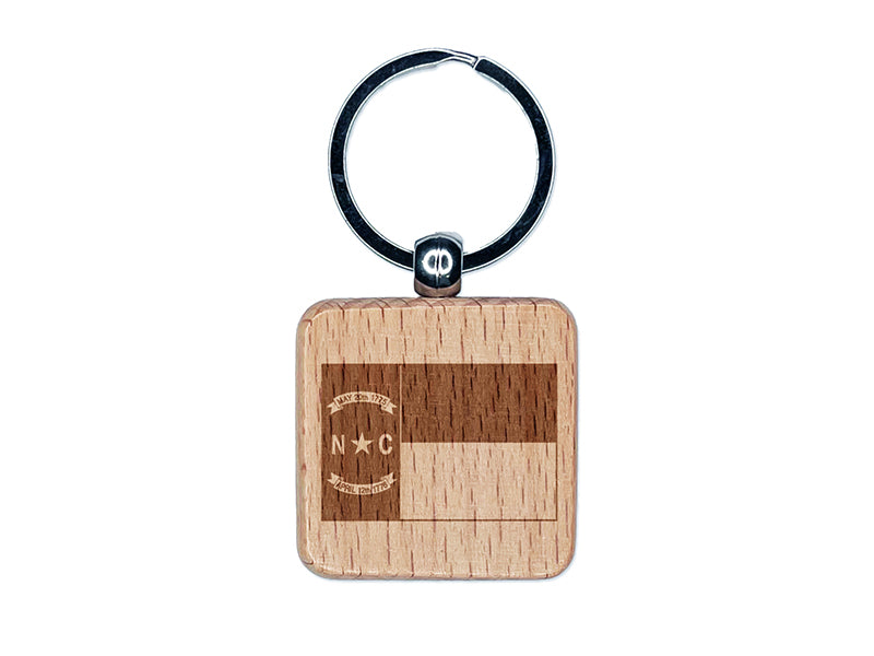 North Carolina State Flag Engraved Wood Square Keychain Tag Charm