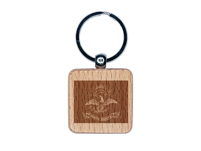 North Dakota State Flag Engraved Wood Square Keychain Tag Charm