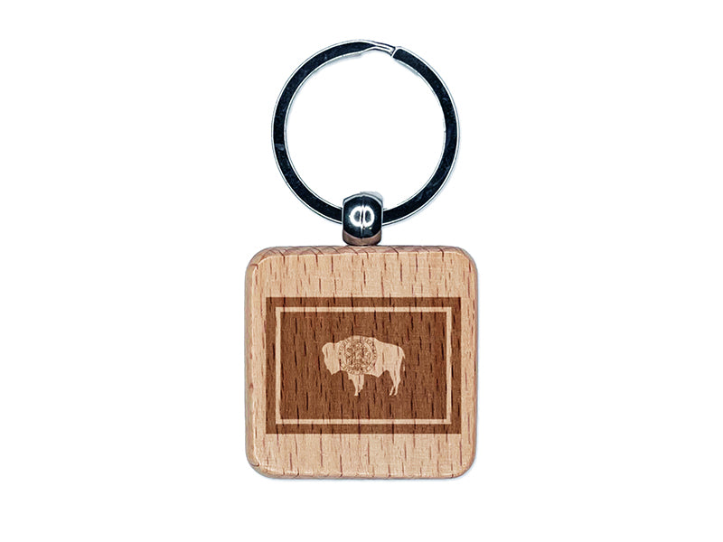 Wyoming State Flag Engraved Wood Square Keychain Tag Charm