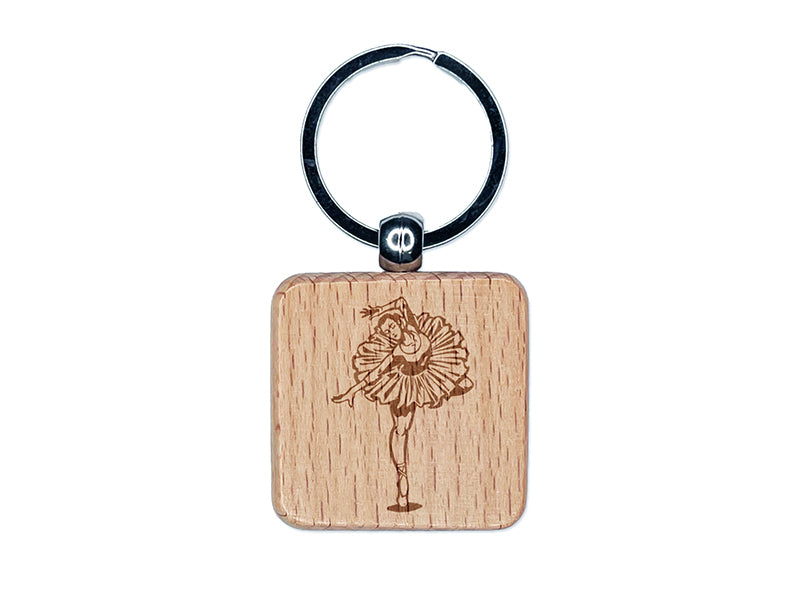 Ballerina En Pointe Pose Engraved Wood Square Keychain Tag Charm