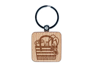 Beach Bag with Sandals Towel and Sunglasses Engraved Wood Square Keychain Tag Charm