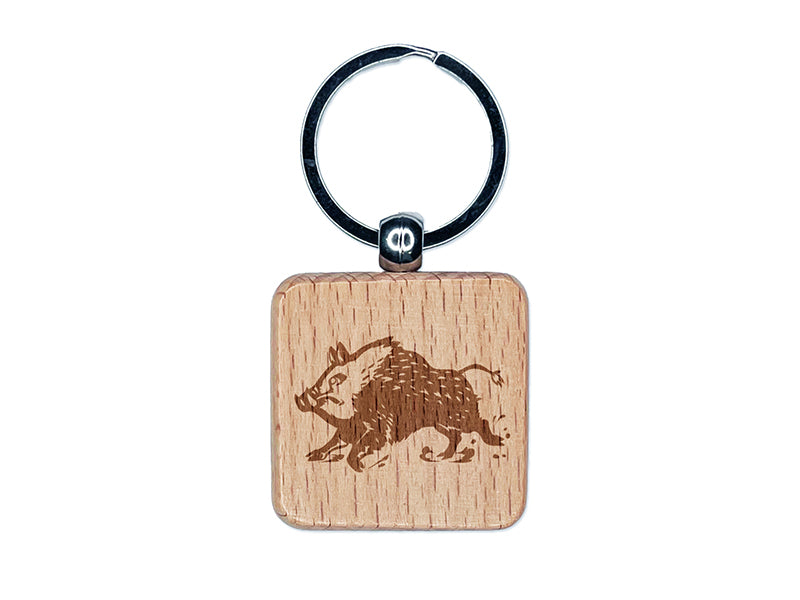 Charging Wild Boar Swine Pig Engraved Wood Square Keychain Tag Charm