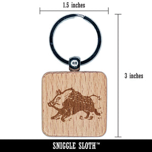 Charging Wild Boar Swine Pig Engraved Wood Square Keychain Tag Charm