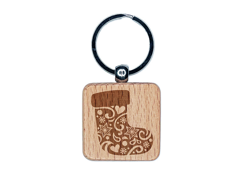 Christmas Holiday Stocking with Stars and Snowflakes Engraved Wood Square Keychain Tag Charm