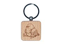 Chubby Little Bird Sitting Engraved Wood Square Keychain Tag Charm