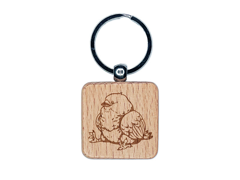 Chubby Little Bird Sitting Engraved Wood Square Keychain Tag Charm