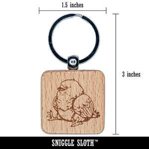 Chubby Little Bird Sitting Engraved Wood Square Keychain Tag Charm