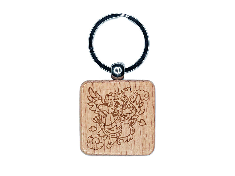 Cupid Shooting Love Arrow for Valentine's Day Engraved Wood Square Keychain Tag Charm