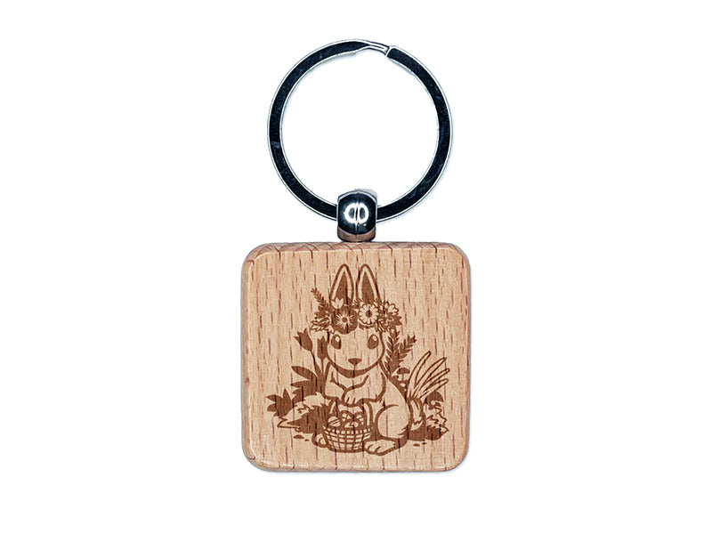 Cute Easter Bunny with Eggs and Flower Crown Engraved Wood Square Keychain Tag Charm