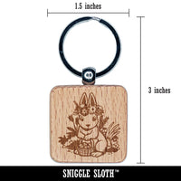 Cute Easter Bunny with Eggs and Flower Crown Engraved Wood Square Keychain Tag Charm