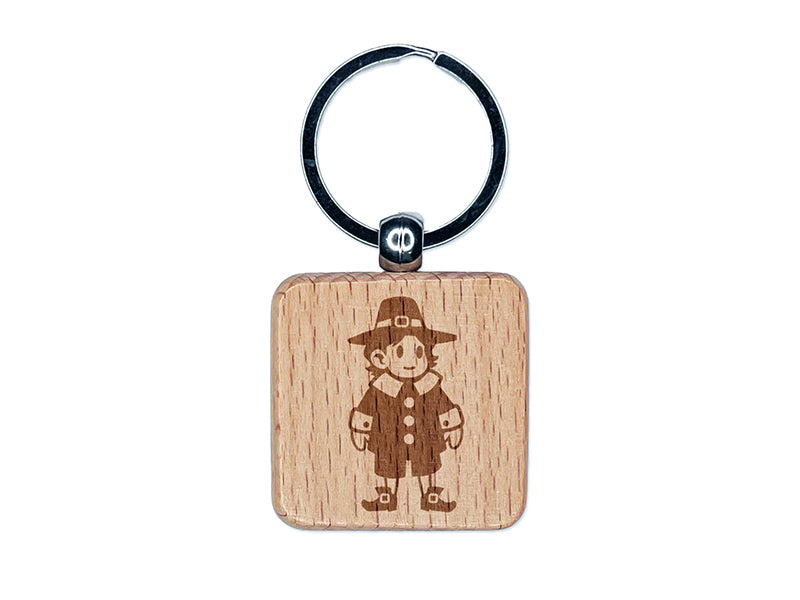 Cute Thanksgiving Pilgrim Boy Engraved Wood Square Keychain Tag Charm