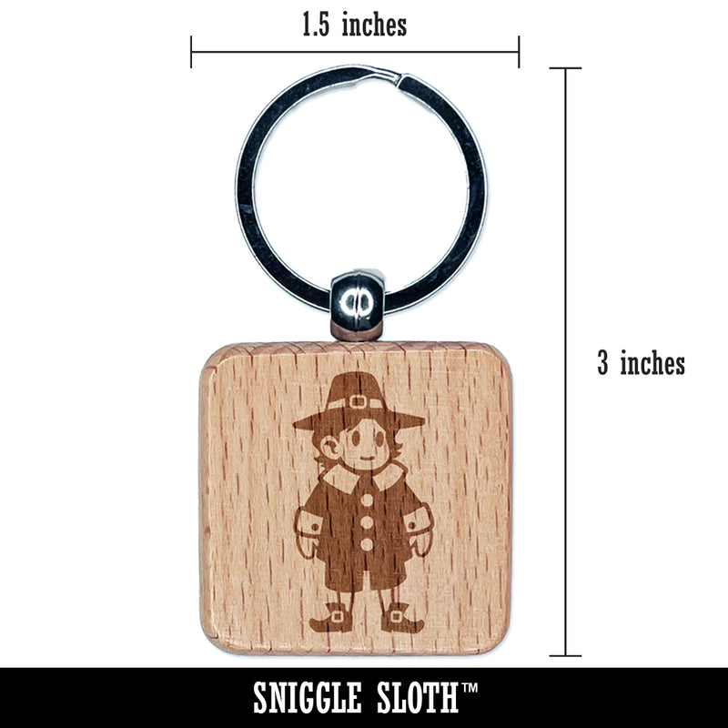 Cute Thanksgiving Pilgrim Boy Engraved Wood Square Keychain Tag Charm