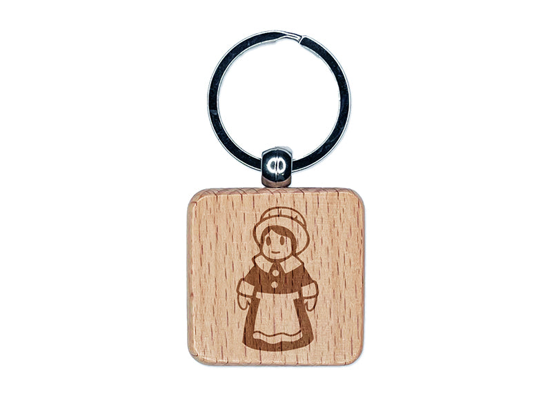 Cute Thanksgiving Pilgrim Girl Engraved Wood Square Keychain Tag Charm