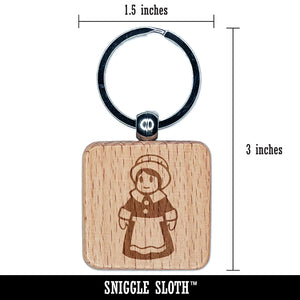 Cute Thanksgiving Pilgrim Girl Engraved Wood Square Keychain Tag Charm