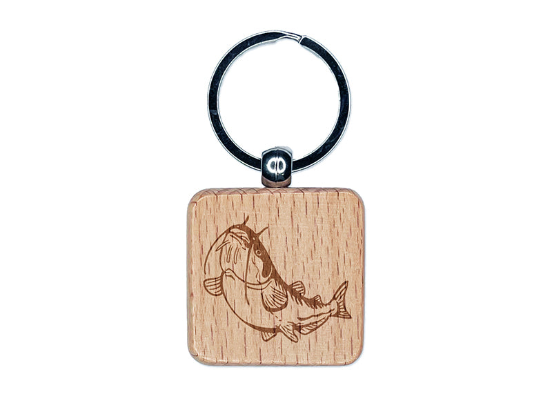 Fat Catfish with Whiskers and Stripes Engraved Wood Square Keychain Tag Charm