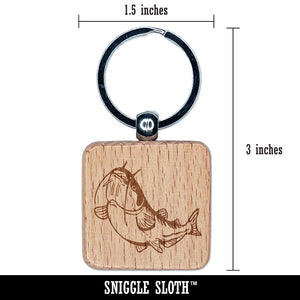 Fat Catfish with Whiskers and Stripes Engraved Wood Square Keychain Tag Charm