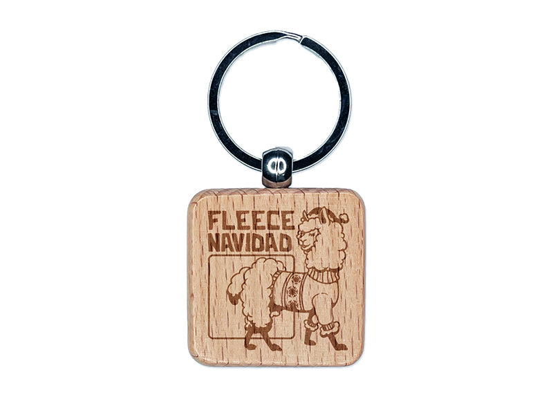 Fleece Navidad Christmas Alpaca Engraved Wood Square Keychain Tag Charm