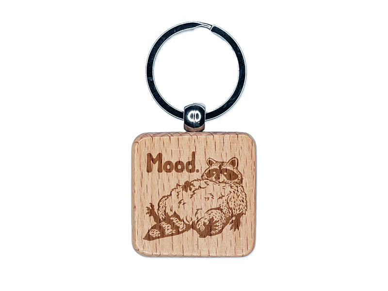 Fluffy Lazy Raccoon Mood Engraved Wood Square Keychain Tag Charm