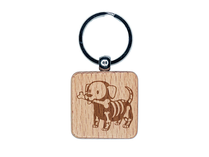 Halloween Puppy with Bone in Skeleton Costume Engraved Wood Square Keychain Tag Charm