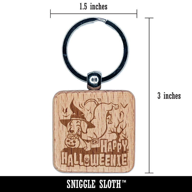 Happy Halloweenie Dachshund Weiner Dog Halloween Engraved Wood Square Keychain Tag Charm